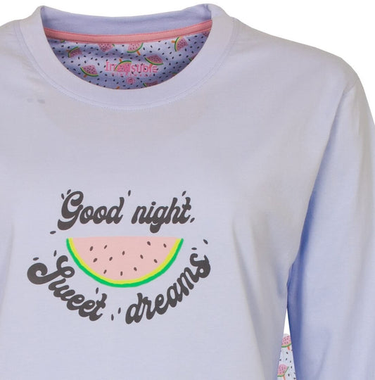 Lichtblauwe pyjama met 'Good night, sweet dreams' en watermeloen print. Binnenkant met waterals heeft fruitpatroon.