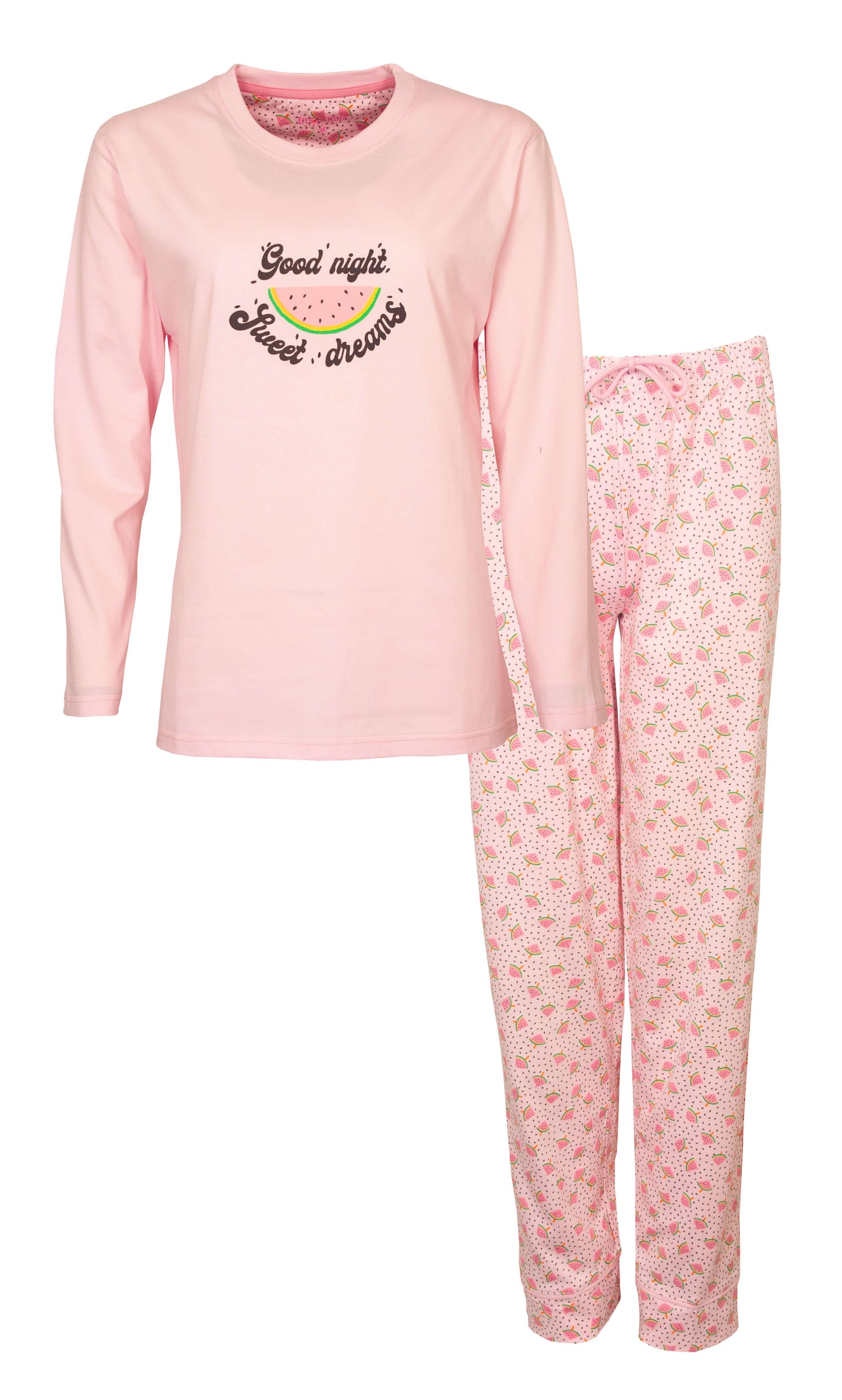 Lichtroze pyjama set met lange mouwen en broek. Shirt met 'Good night sweet dreams' en watermeloen print, broek met patroon.