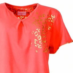 Oranje dames pyjama top met V-hals, korte mouwen en goudkleurige print op de borst