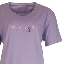 Paarse dames pyjama t-shirt met 'Forever' tekst in gouden letters erop gedrukt