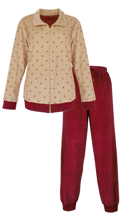 Irresistible dames Velours Huispak - Lange Mouwen - Rood en Beige