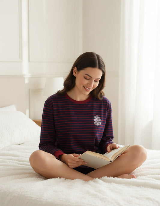 Irresistible dames Nachthemd - lange Mouwen - Streep Blauw Rood - achteraanzicht