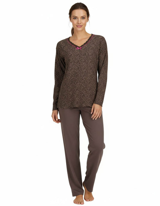 Irresistible Dames Pyjama- Lange Mouwen- Bruin - achteraanzicht