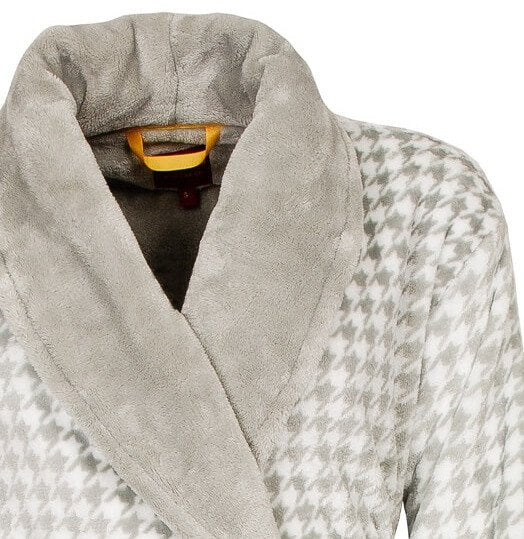 Grijze fleece badjas met sjaalkraag en pied-de-poule patroon, lange mouwen en ceintuur voor dames