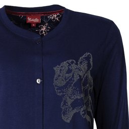 Blauw nachthemd met lange mouwen, ronde hals, doorknoopsluiting en flock print op de borst.