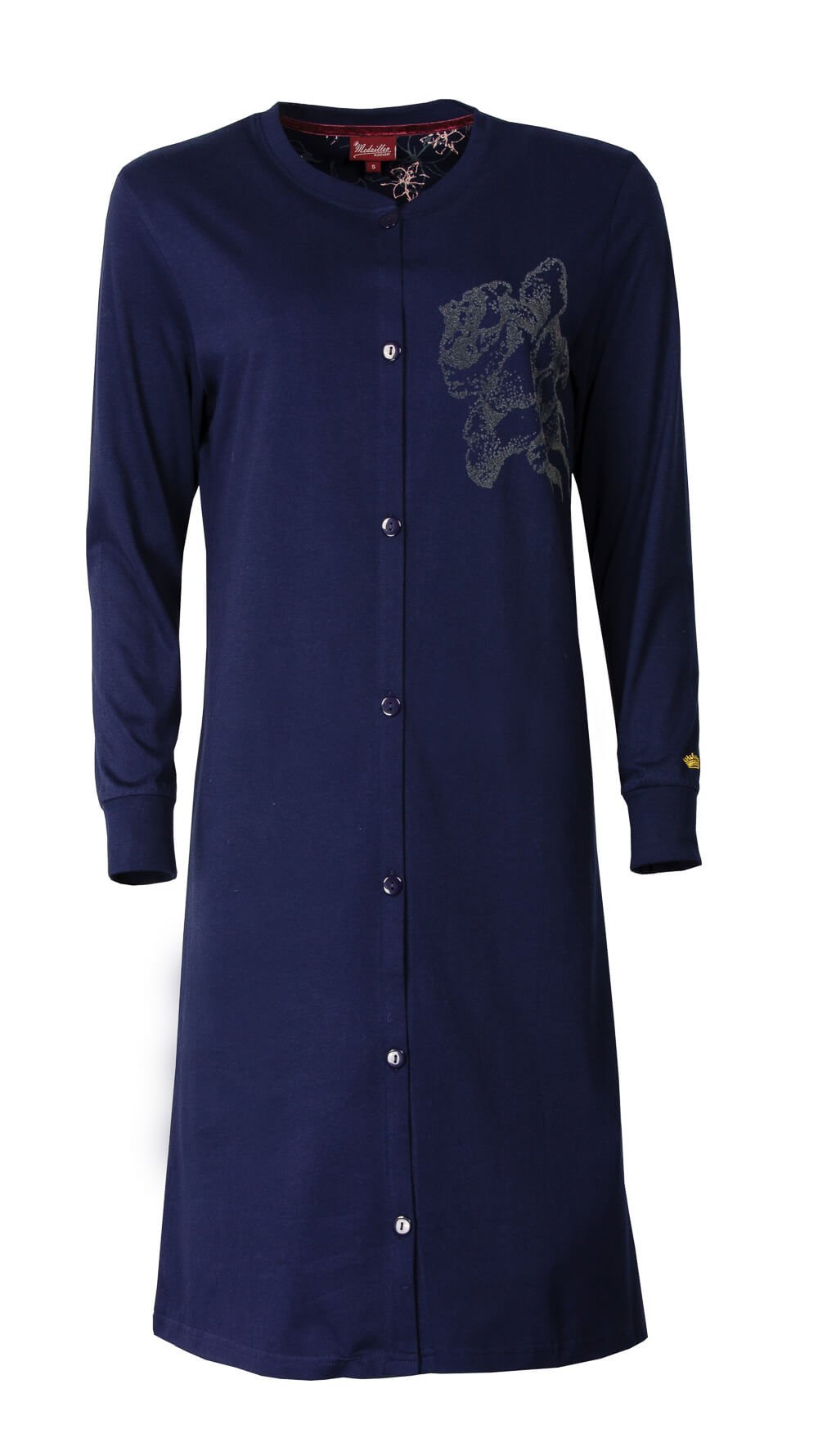 Blauw lang nachthemd met lange mouwen, doorknoopsluiting en flock print op de borst, gemaakt van 100% katoen