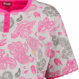 Rood dames nachthemd met roze en grijze bloemenprint, polo-sluiting en korte mouwen