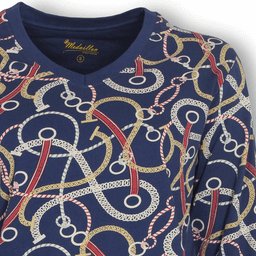 Blauwe pyjama top met kleurrijk koord en anker print, lange mouwen en V-hals met boordje