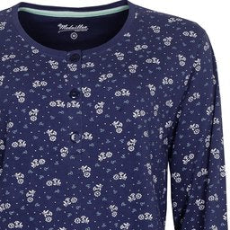 Blauwe dames pyjama top met witte bloemenprint, ronde hals en polo sluiting met knoopjes.