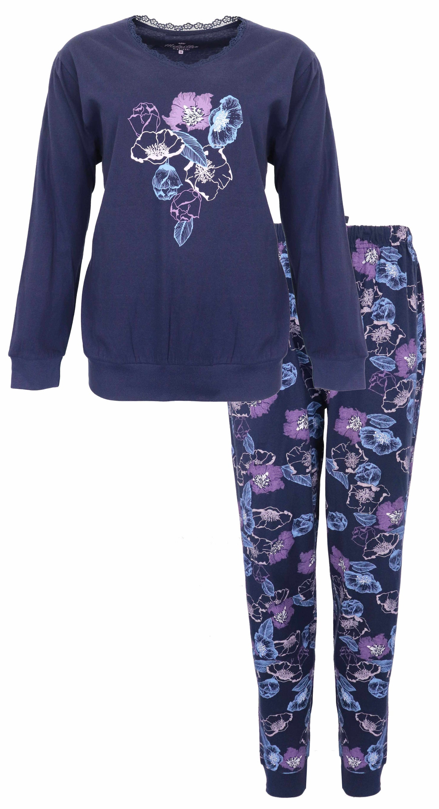 Blauwe dames pyjama met lange mouwen en broek, versierd met paarse en blauwe bloemenprint