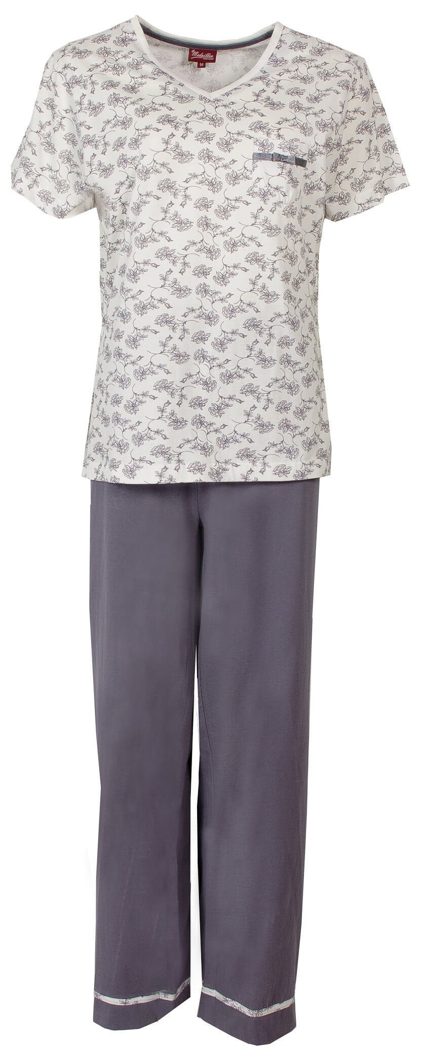 Dames pyjama met witte bloemenprint top,-hals, korte mouwen en paarse lange broek met elastische tailleband.
