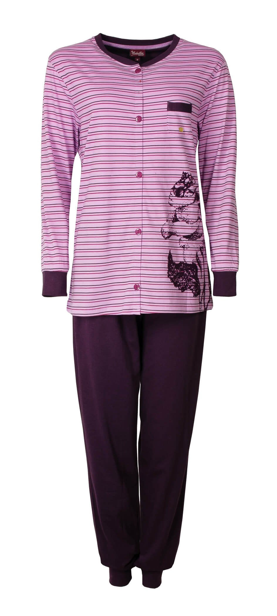 Roze gestreepte dames pyjama met doorknoop top en donkerpaarse broek,emenprint op de voorkant.
