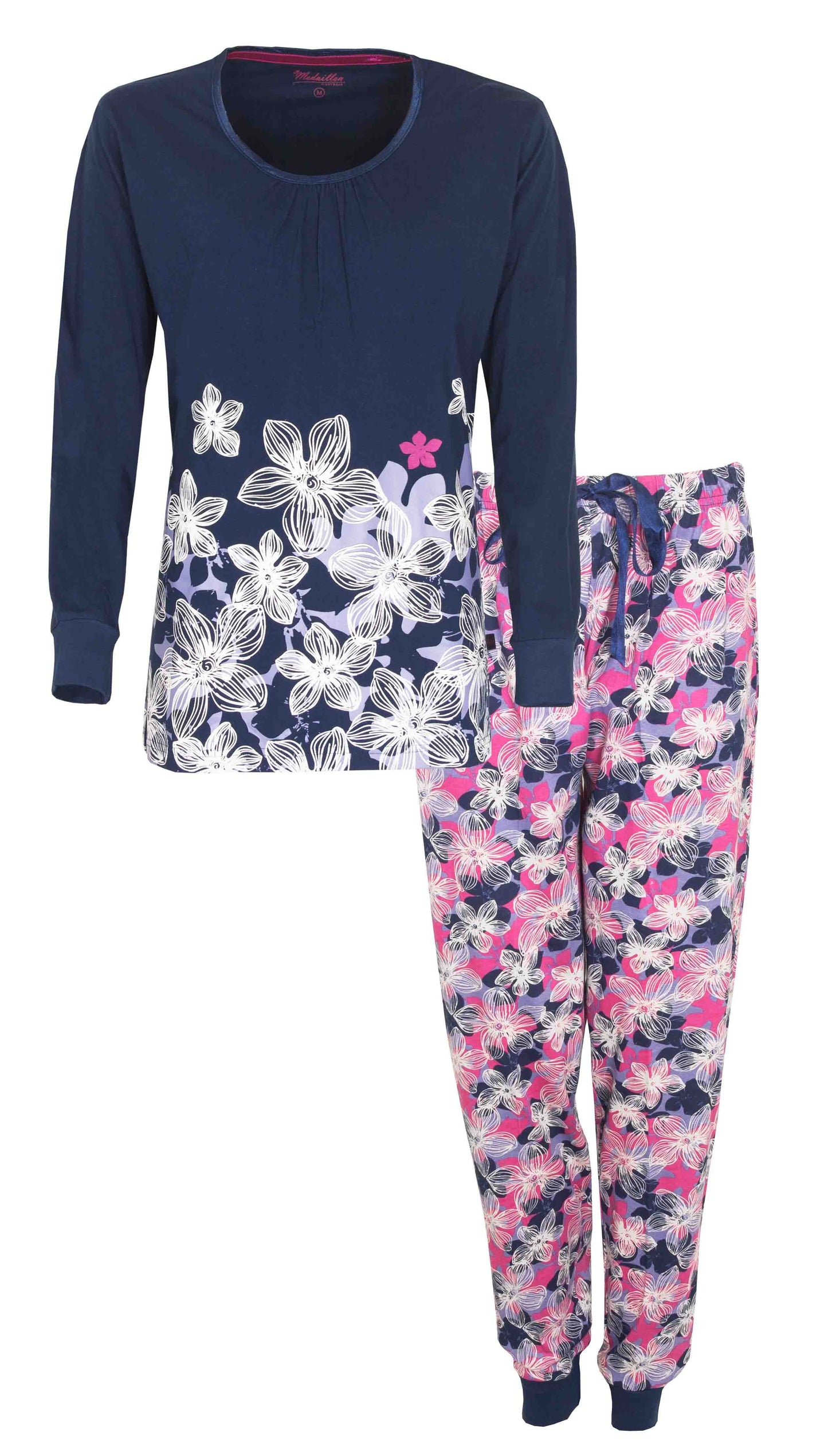 Blauwe dames pyjama met lange mouwen, verbroek, versierd met witte en roze bloemenprint
