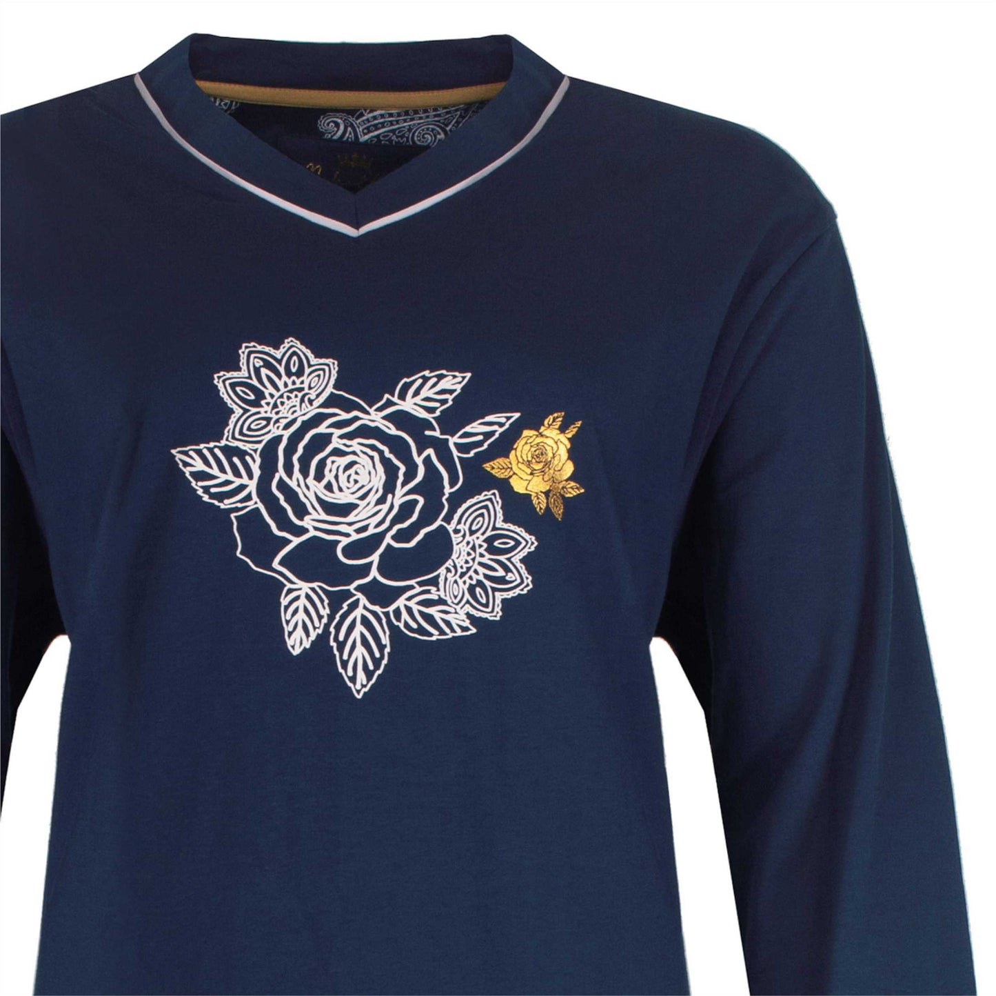 Marineblauw dames pyjama met witte en gouden rozenprint op de voorkant en V-hals met witte bies