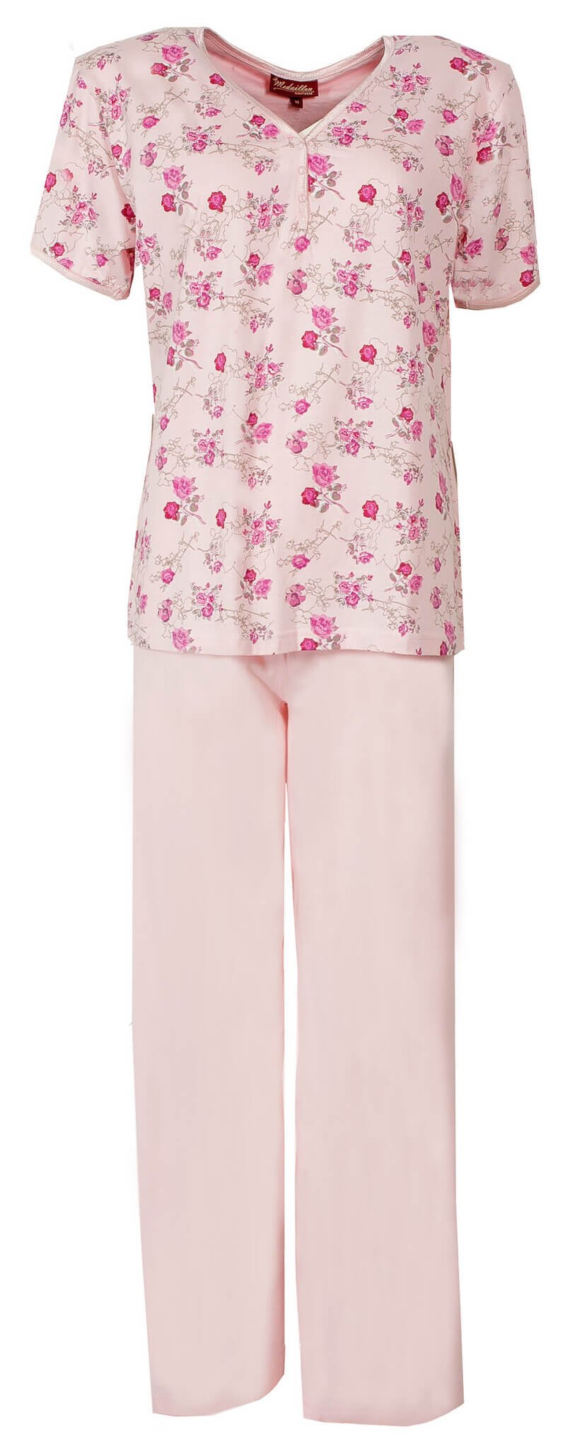 Roze katoenen dames pyjama met bloemenprint op het shirt en een effen lange broek, V-hals en korte mouwen