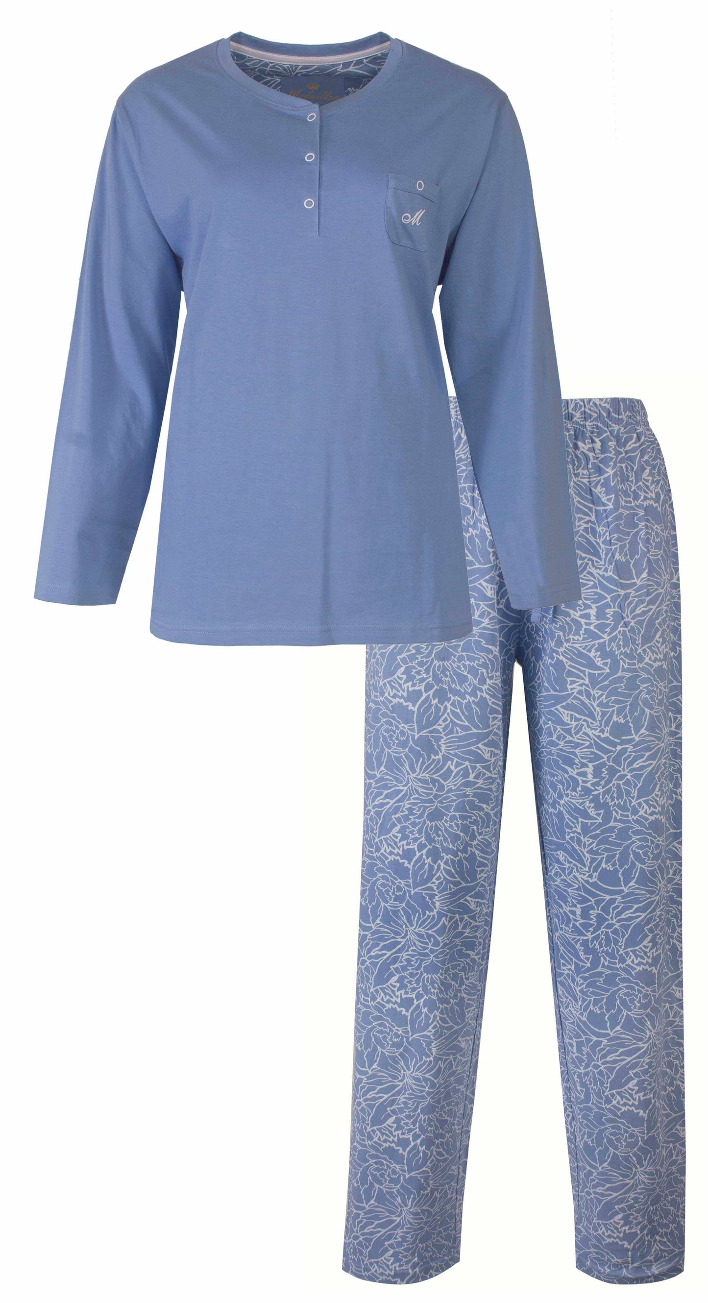 Blauwe dames pyjama set met lange mouwen. Effen shirt met knoopsluiting en broek met bloemenpatroon.