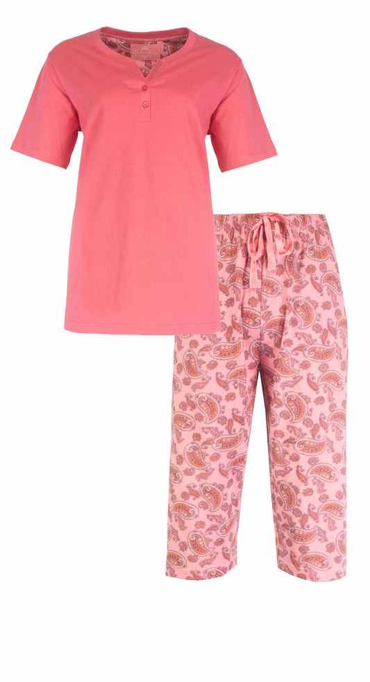 Roze dames pyjama set met korte mouwen en paisley print broek, gemaakt van 100% gekamde katoen