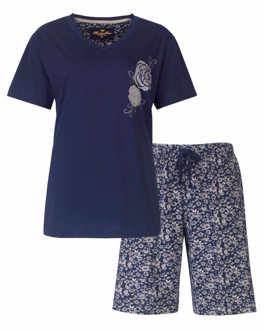 Blauwe dames shortama met korte mouwen, rozenprint op shirt en bloemenpatroon op short met trekkoord