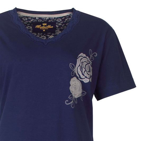 Marineblauw dames T-shirt met korte mouwen, V-hals met kanten rand en geborduurde rozen op de borst