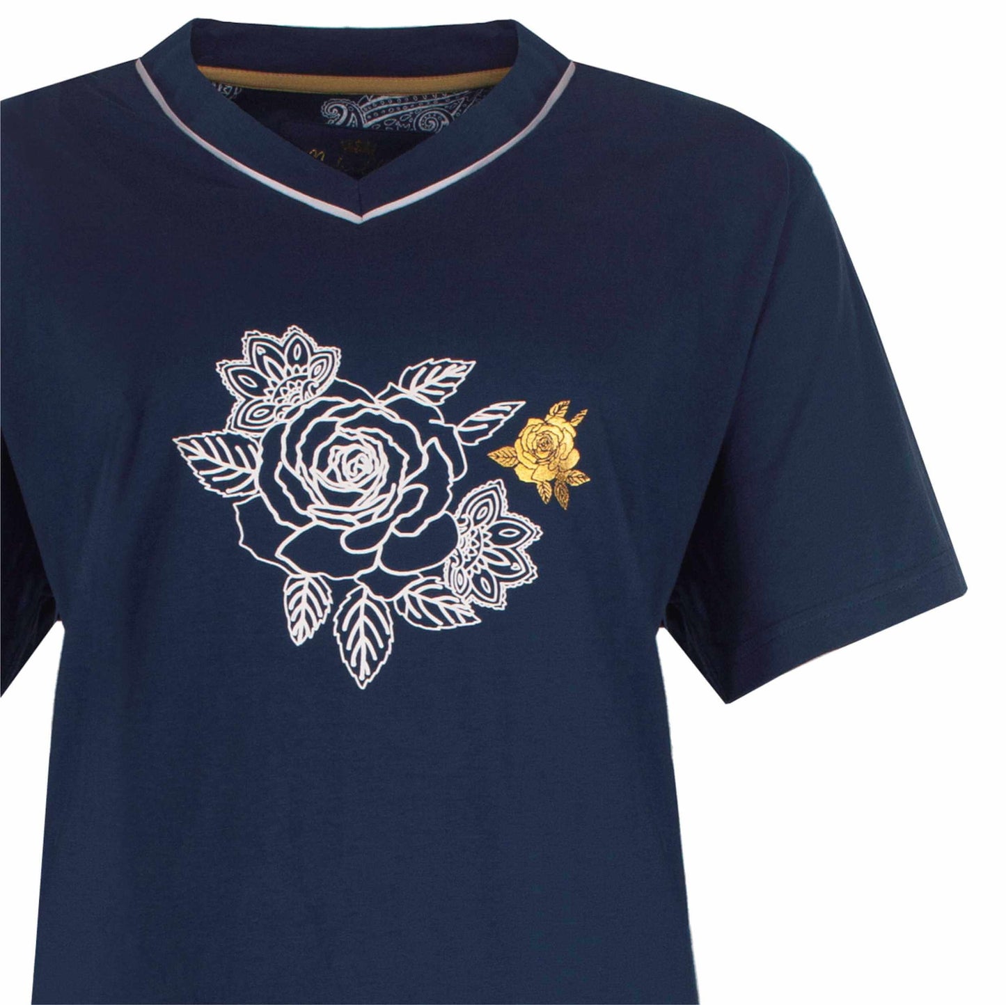 Marineblauw T-shirt met witte en gouden rozenprint, V-hals en korte mouwen, onderdeel van dames shortama