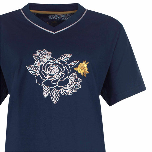 Marineblauw T-shirt met witte en gouden rozenprint, V-hals en korte mouwen, onderdeel van dames shortama
