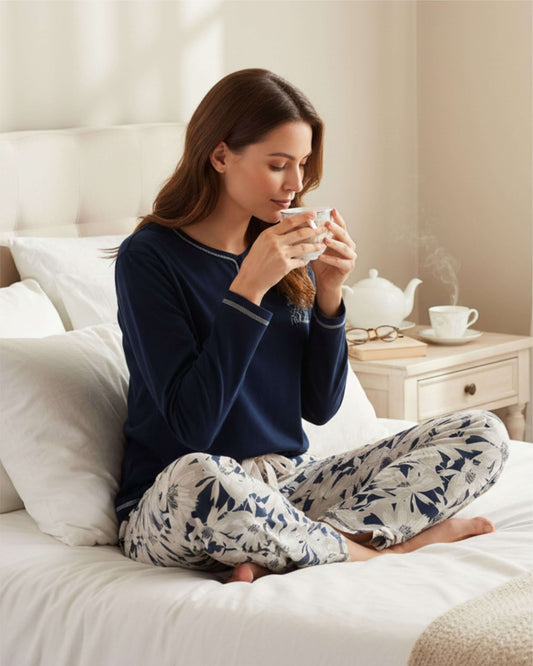 Medaillon Dames Pyjama - lange Mouwen - Donker Blauw - achteraanzicht