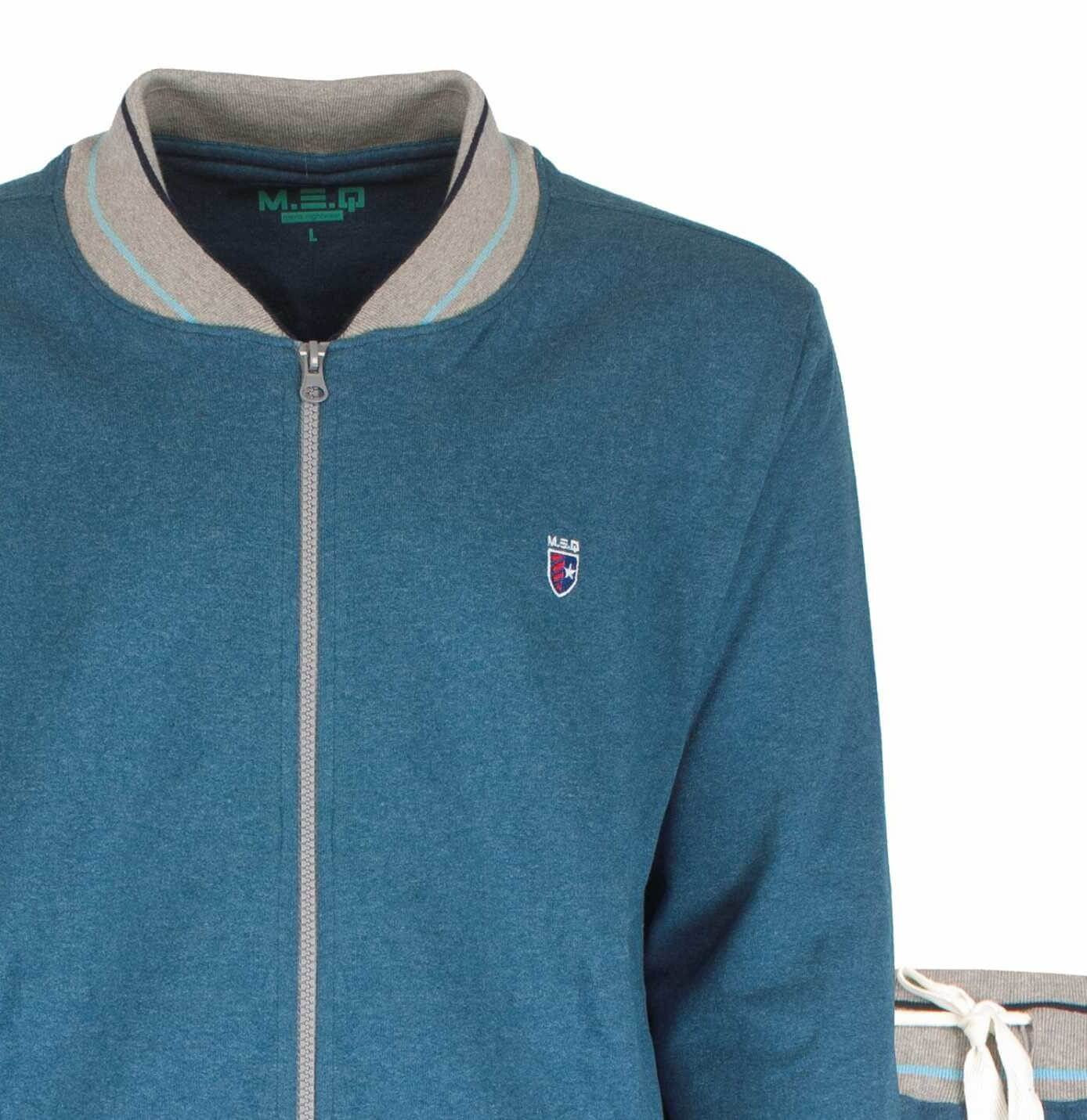 Blauw melange huispak met rits, grijze kraag en manchetten, en klein logo op de borst. Gemaakt van gerecycled katoen.