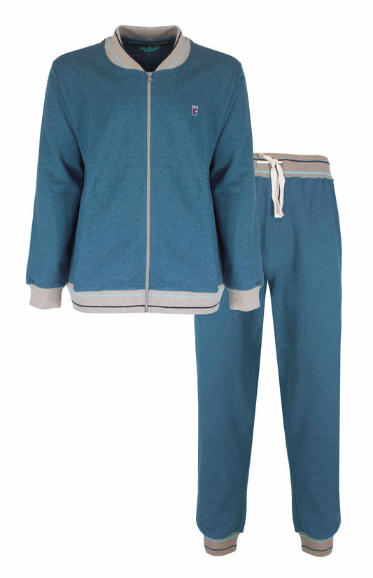 Blauw melange huispak voor heren, bestaande uit een rits-jas met logo en bijpassende broek met trekkoord.