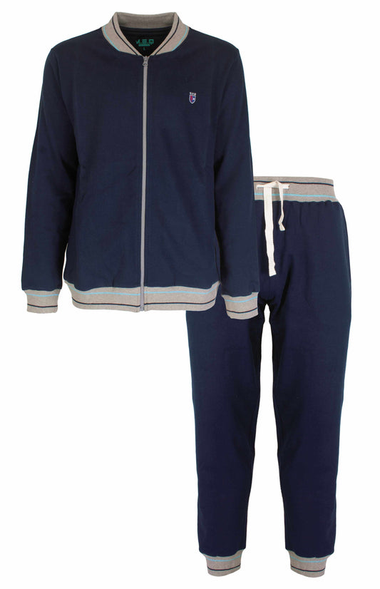 Donkerblauw heren huispak met grijze accenten, bestaande uit een jasje met rits en bijpassende broek met trekkoord