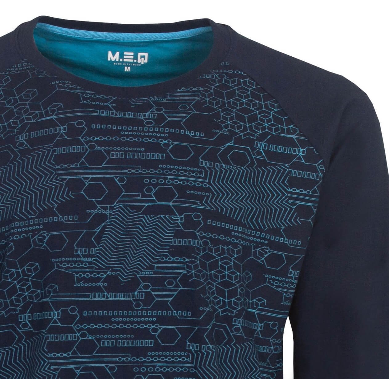 Blauwe pyjama top met geometrisch geprint patroon in lichtblauwe lijnen, lange mouwen en ronde hals