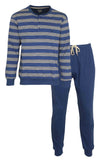 MEQ Heren Pyjama - Polo Sluiting - Beige Strepen - Blauw