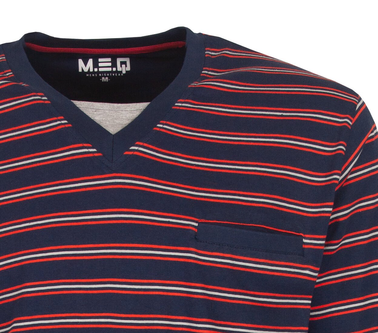 Blauw gestreepte heren pyjama top met V-hals en rode en grijze strepen, merk MEQ zichtbaar op label