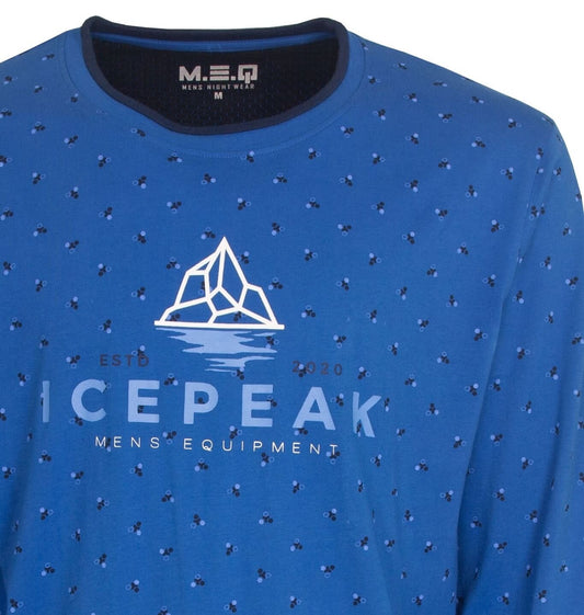 Blauwe pyjama top met Icepeak logo en kleine print. Ronde hals, lange mouwen. 'Mens Equipment' tekst.