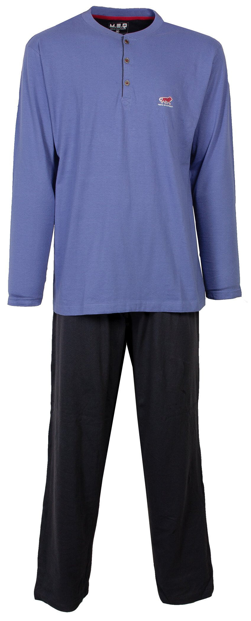 Blauwe heren pyjama set met lange mouwen en broek, ronde hals met knoopsluiting en logo op de borst