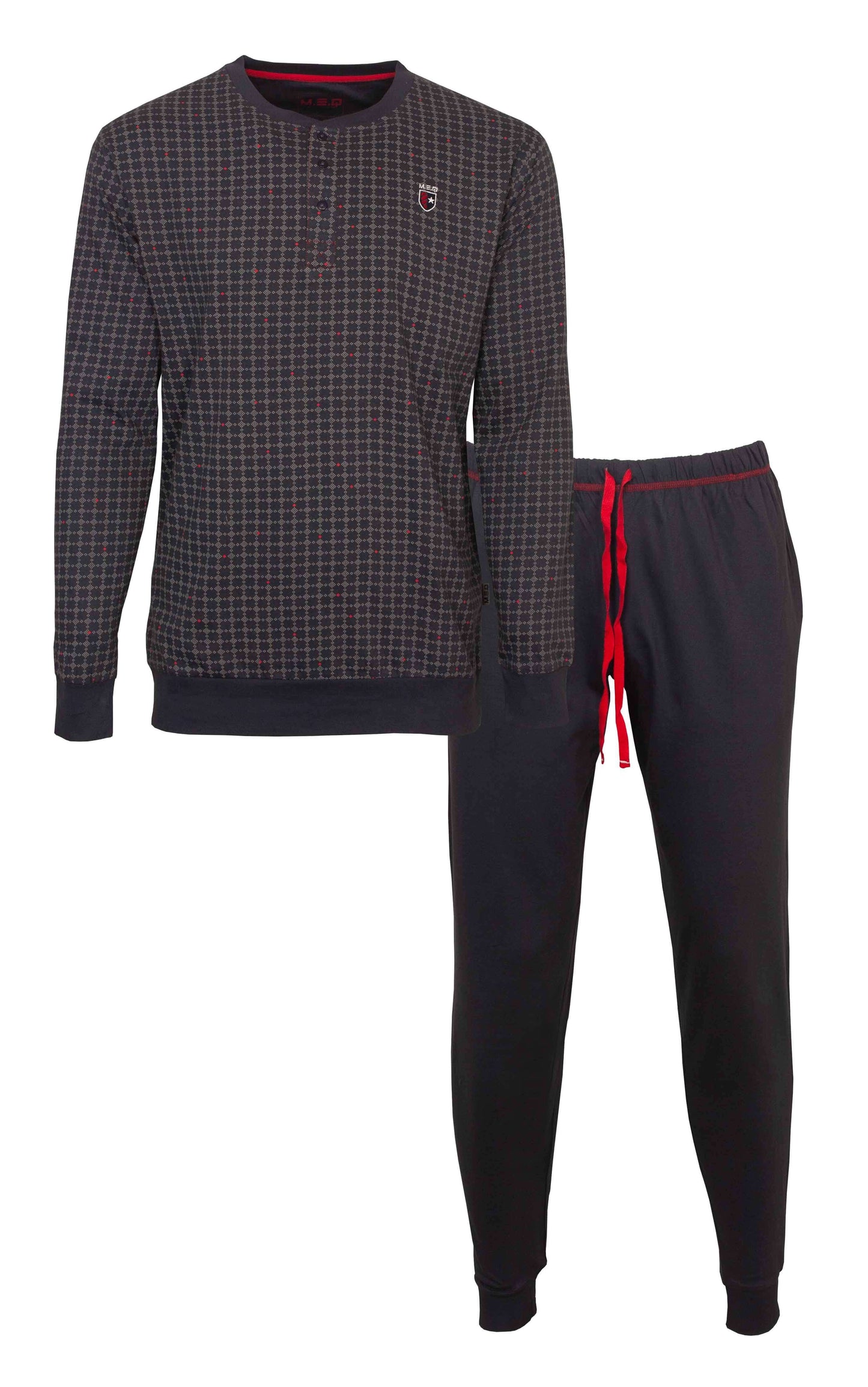 Blauwe herenpyjama met geruite top en effen broek. Lange mouwen, ronde hals met knoopjes, en broek met trekkoord.