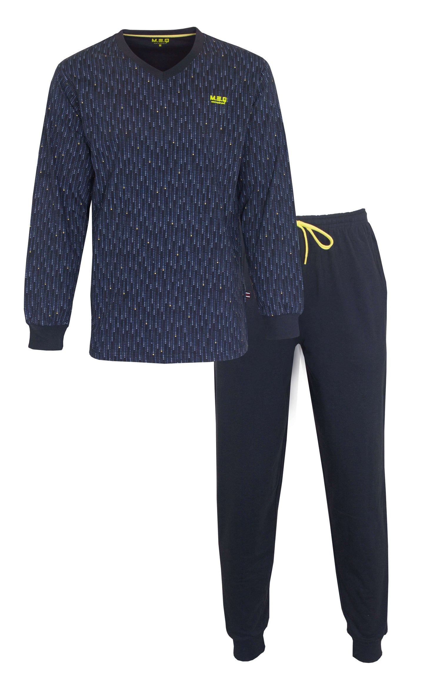 Blauwe heren pyjama set met geprint dessin top en lange mouwen, V-hals en effen lange broek met zakken en koord