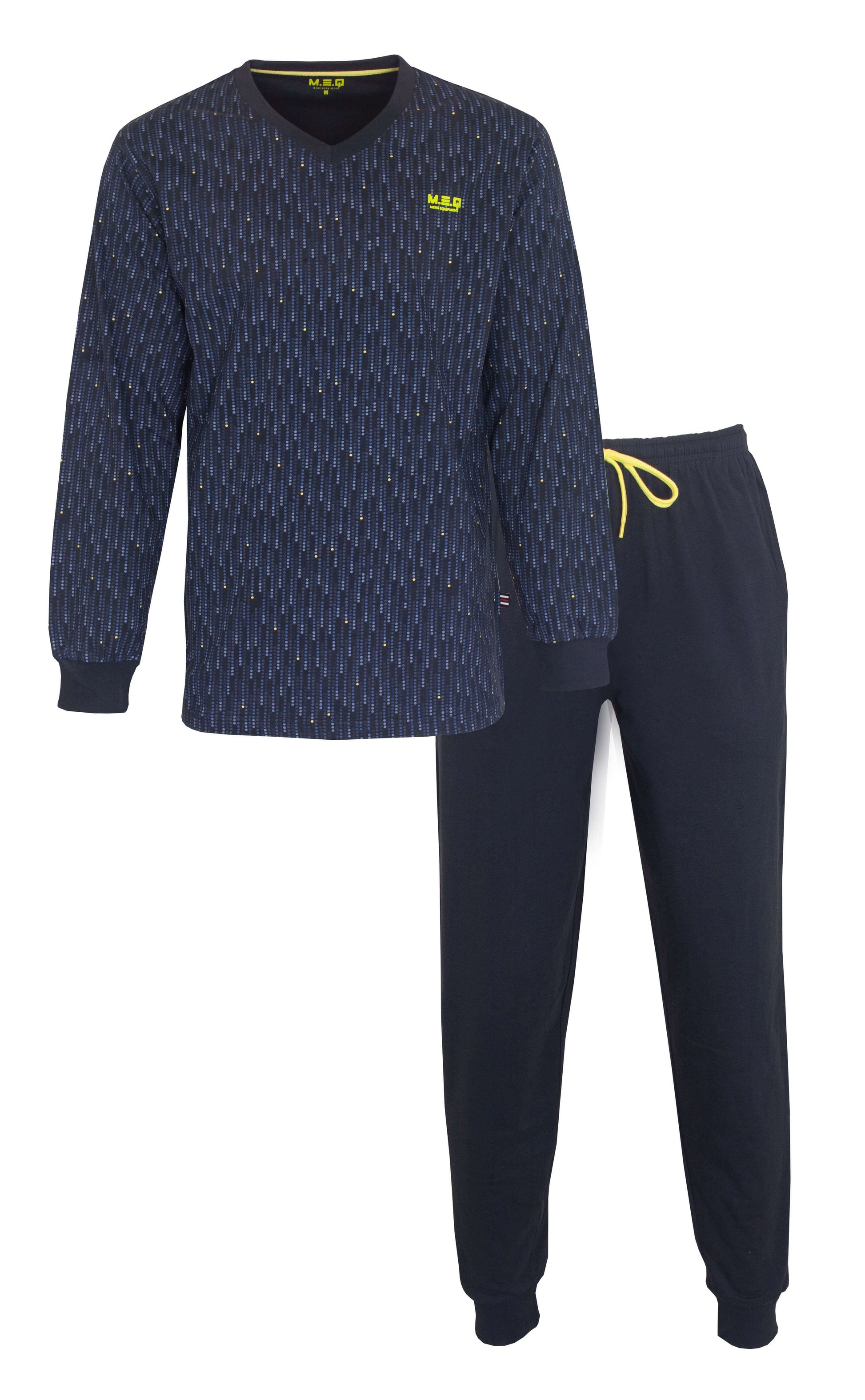 Blauwe heren pyjama set met geprint dessin top en lange mouwen, V-hals en effen lange broek met zakken en koord