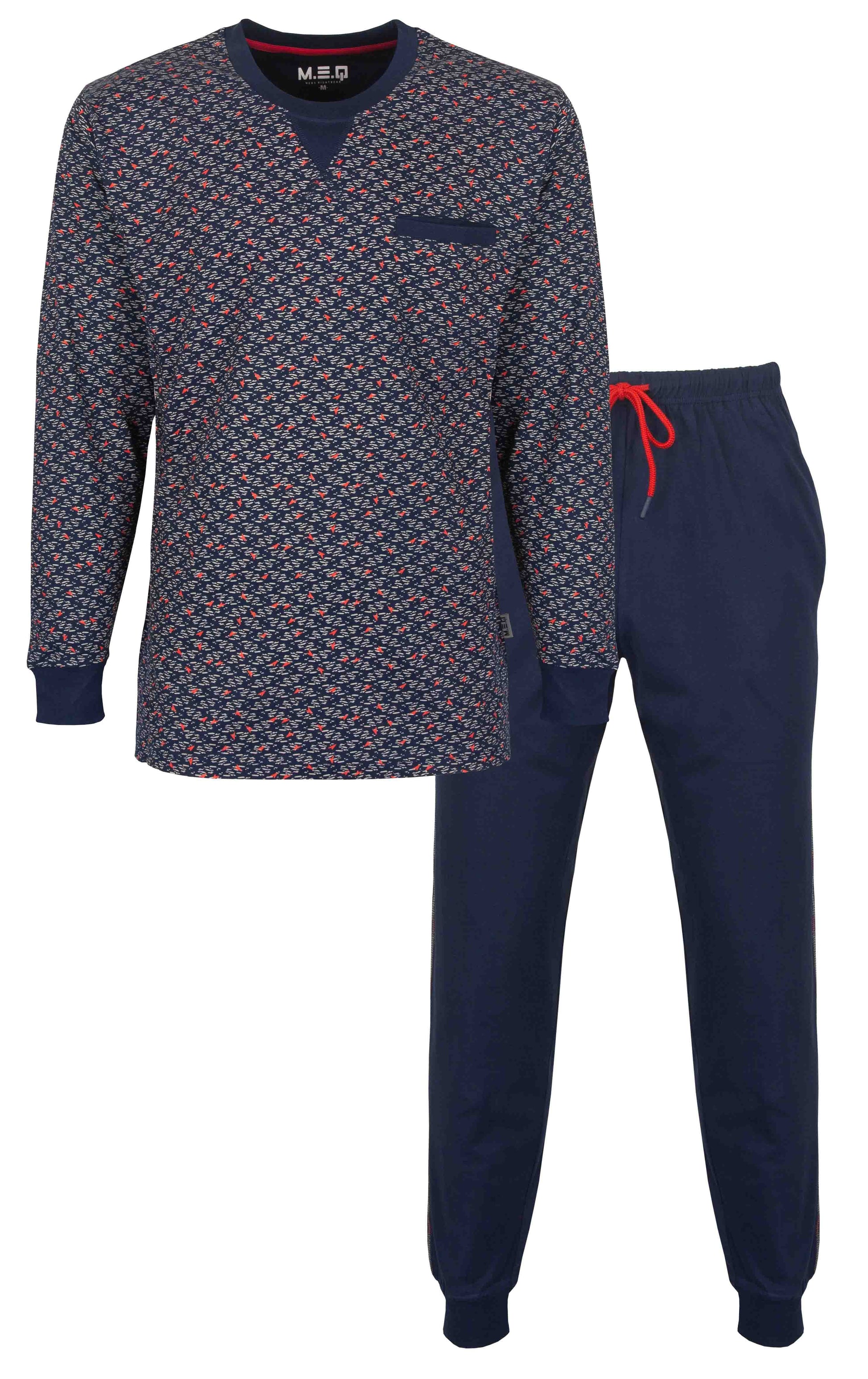 Blauwe heren pyjama set met geprint shirt en lange broek, gemaakt van 100% gekamde katoen met ronde hals