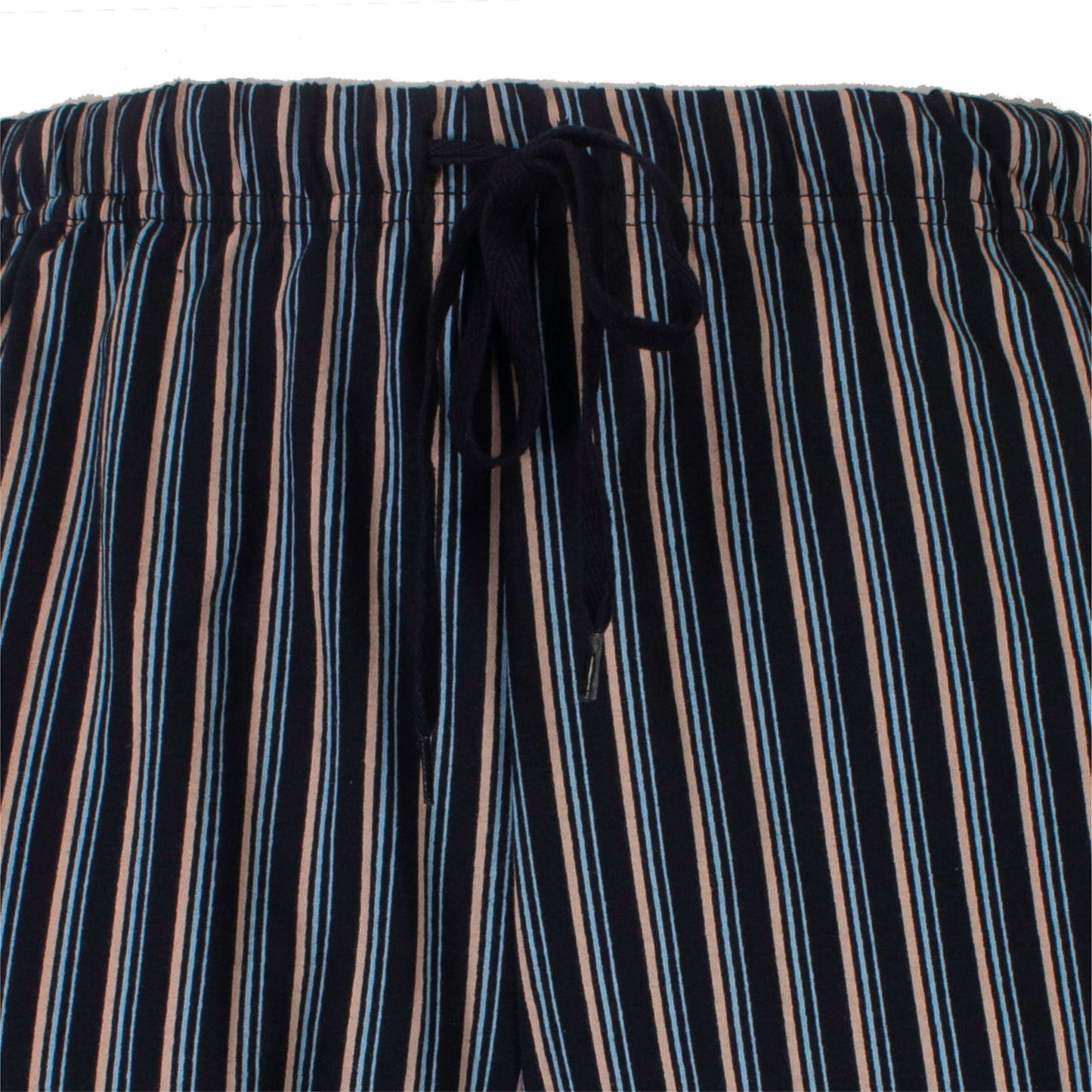Gestreepte pyjama broek in beige, blauw en zwart met een elastische tailleband en zwart aantrekkoord