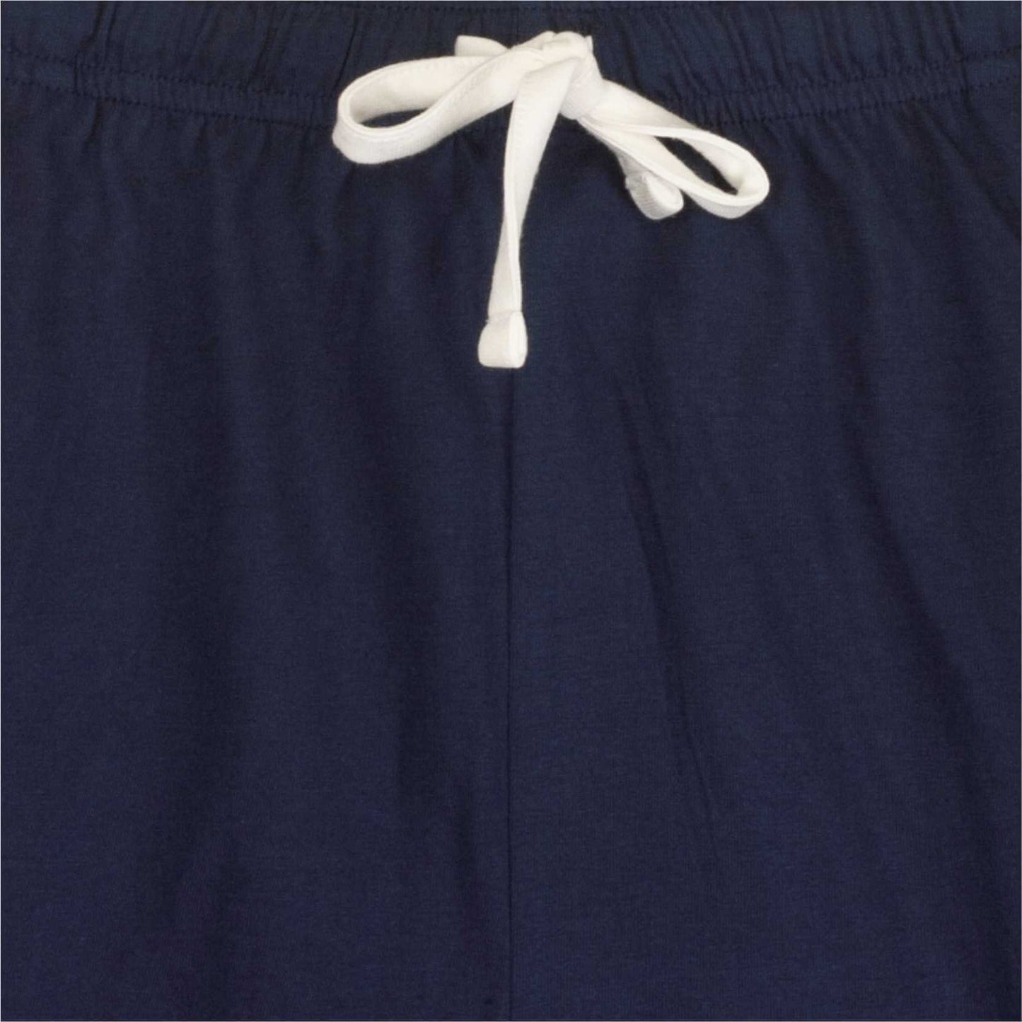 Donkerblauwe pyjama broek met witte trekkoord, gemaakt van katoen, close-up van de tailleband
