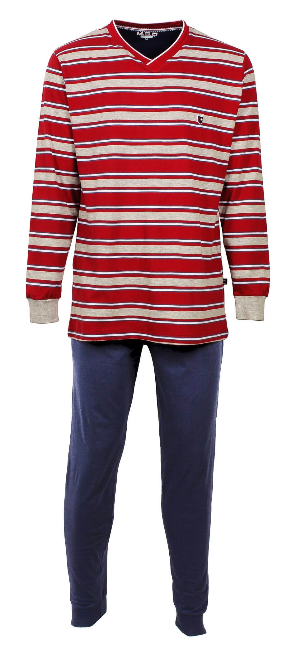 Rood gestreepte pyjama top met V-hals en lange mouwen, gecombineerd met een effen blauwe lange broek.