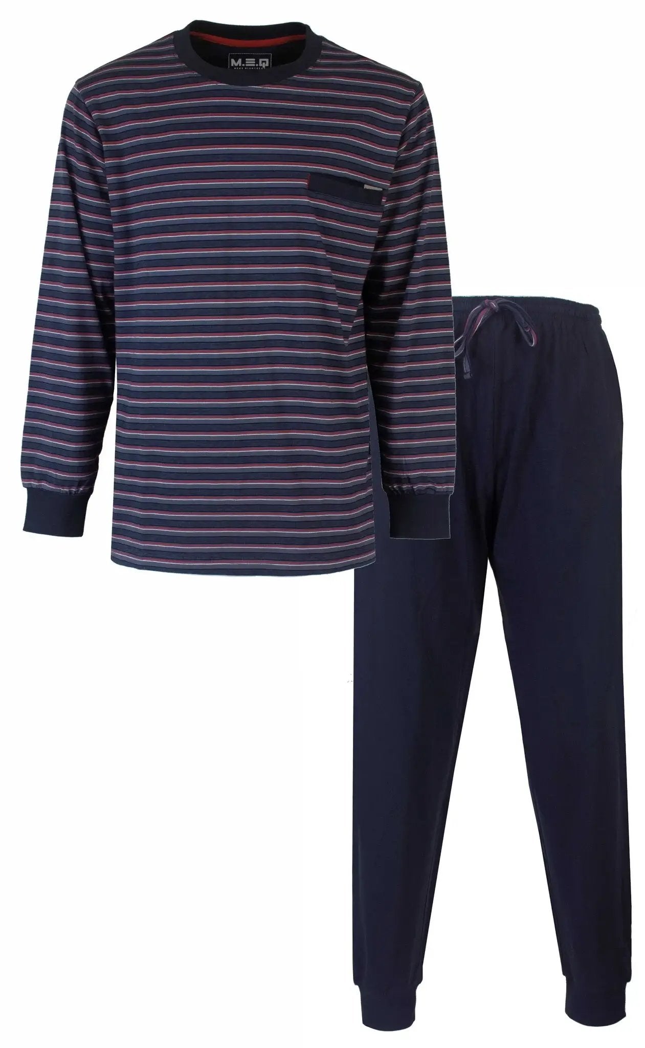 Blauwe gestreepte heren pyjama met lange mouwen en bijpassende effen broek met trekkoord