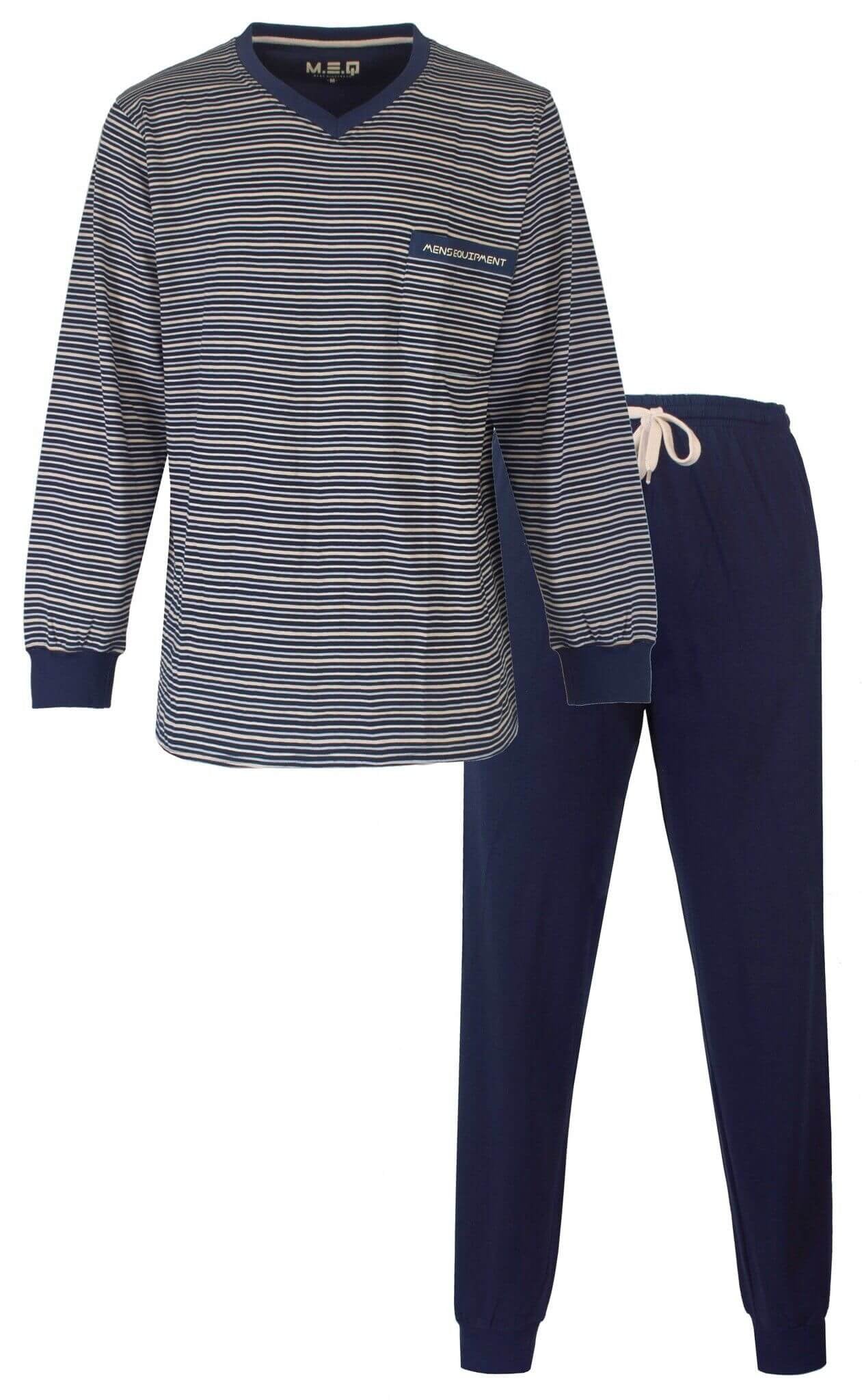 Blauw gestreepte heren pyjama met lange mouwen en bijpassende effen blauwe broek met trekkoord