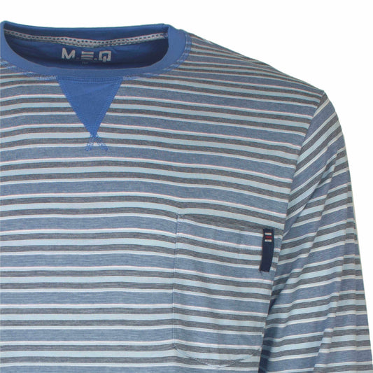 Gestreepte blauwe pyjama top met ronde hals, lange mouwen en een klein borstzakje met logo