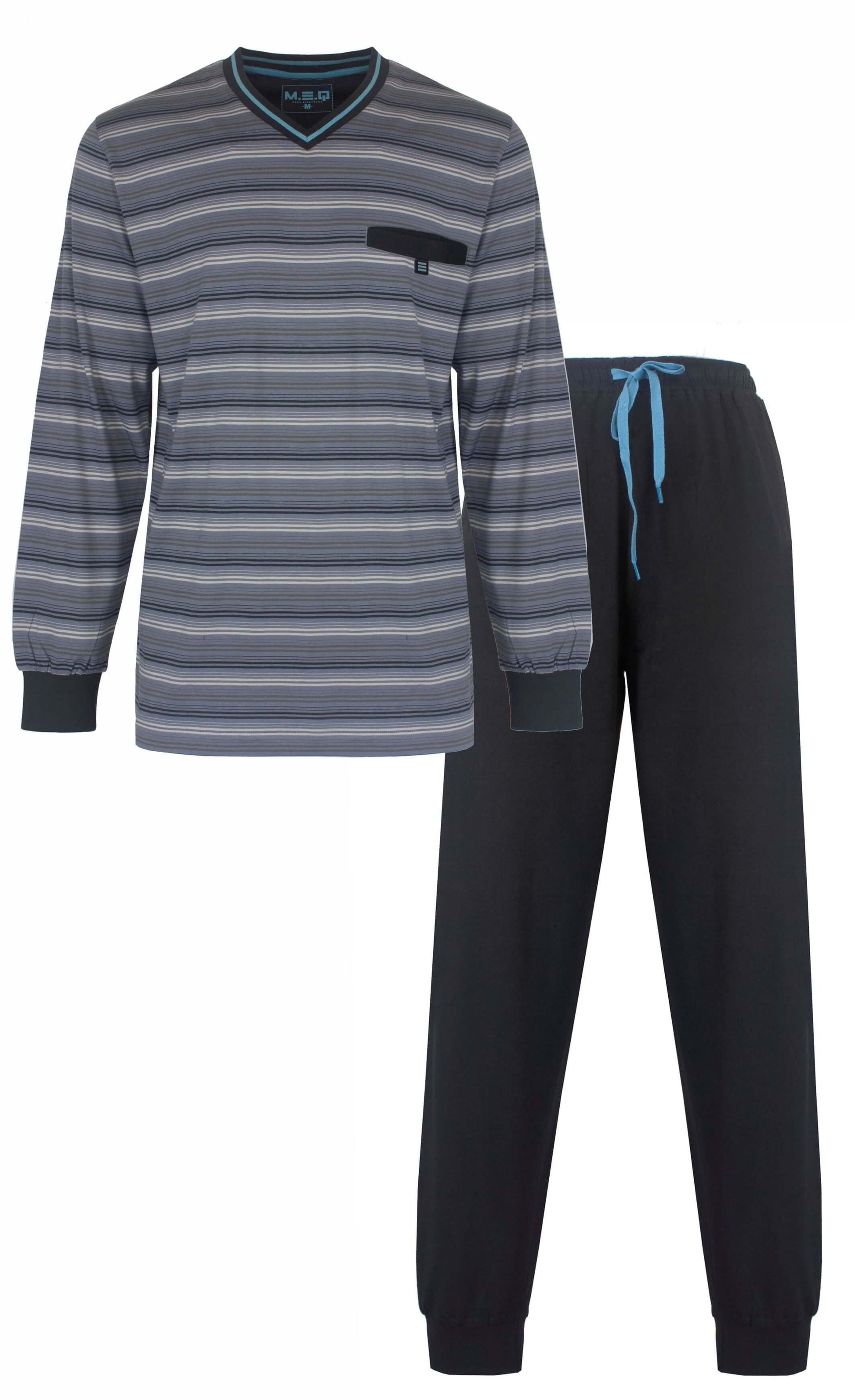 Grijze gestreepte heren pyjama set met lange mouwen en lange broek, gemaakt van gekamde katoen.