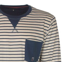 Gestreepte pyjama top in blauw en beige, met lange mouwen, ronde hals en borstzakje met geborduurde logo.