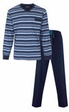 MEQ Heren Pyjama - V hals - Zijzakken - Gestreept - Blauw