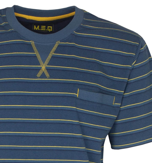 Blauwe gestreepte heren pyjama top met gele accenten, ronde hals en korte mouwen van het merk M.E.Q.