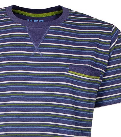 Blauw gestreept T-shirt met korte mouwen, ronde hals en V-inzet. Borstzakje zichtbaar.