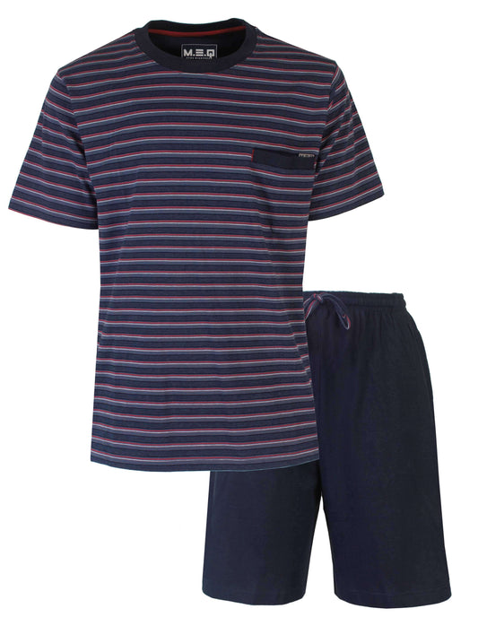 Donkerblauwe heren shortama set met gestreept T-shirt en effen shorts, merk MEQ